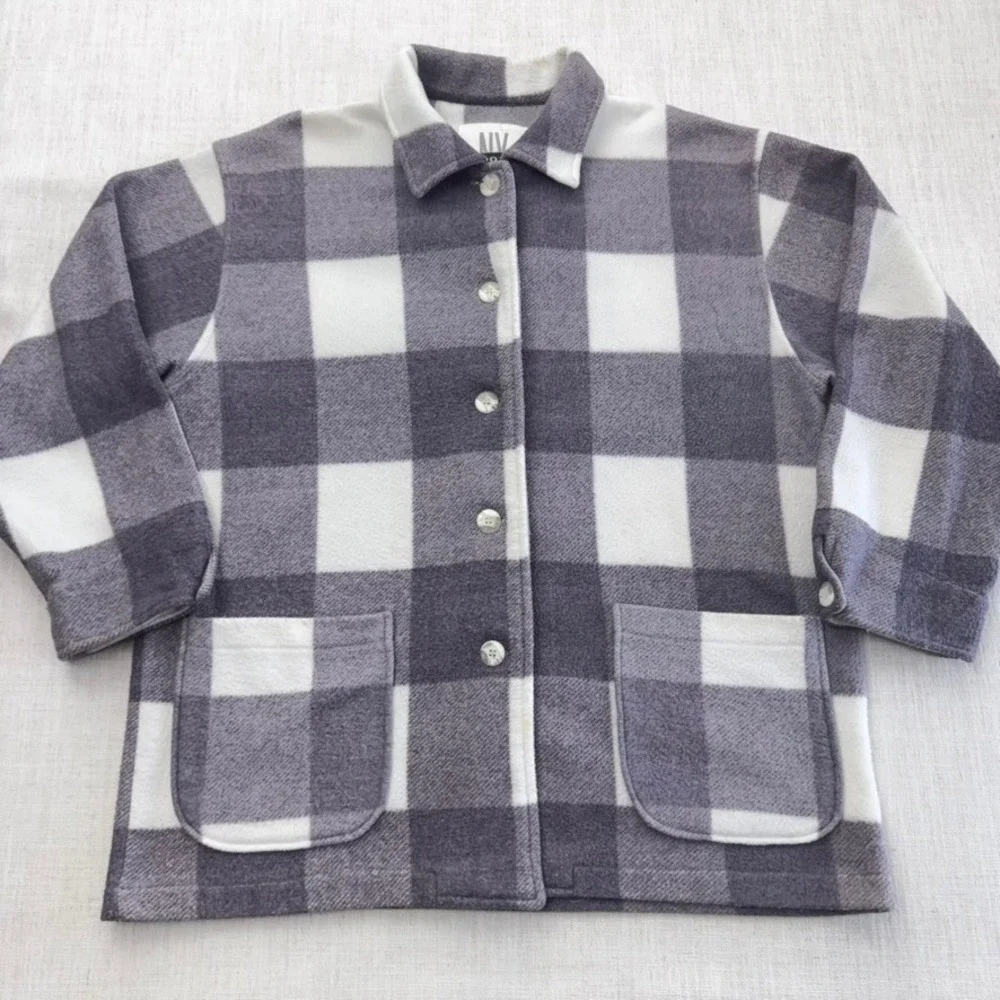 NY‎ 10018 Plaid Fleece Womens M Lavender Purple Buffalo Check Button Jacket